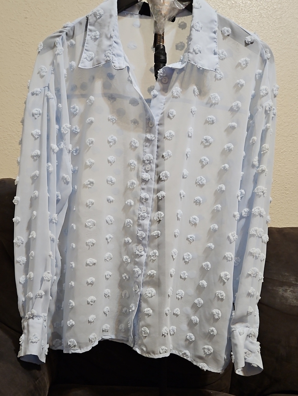 Light Blue Pom-Dot Button-Up Shirt - Women's Sheer Blouse